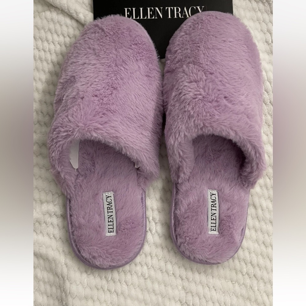 🌹Women’s Slippers Size L 9 ELLEN TRACY  Faux Fur Lined Mule Slippers Lilac